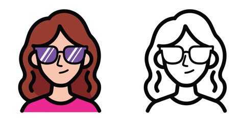 Cartoon woman with brown hair wearing purple sunglasses and pink shirt vector illustration