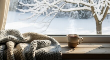 Snowy Window Sill with Hot Tea and Knit Blanket