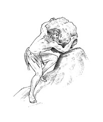 Myths of ancient Greece. Sisyphus punishment. The king of Corinth rolls a stone up a mountain. Character sketch. Hand drawn vintage vector illustration for book, emblem or print.