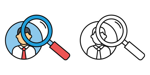 Two icons of a person in a suit with a red tie viewed through a magnifying glass search