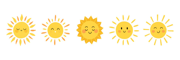 Cute Sun Vector Illustration Set with Various Smiling Faces and Unique Rays. Bright Yellow Suns Expressing Happiness, Warmth, and Positive Emotions in Minimal and Kids Theme Design