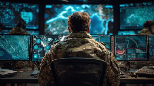 Senior Army Officer in Camouflage Monitoring Digital Screens in Command Center