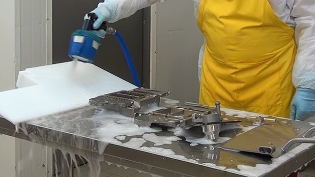 A worker in protective gear thoroughly cleans and sanitizes industrial food processing machinery on a stainless steel table inside a sterile Environment. Foam covers the surface.