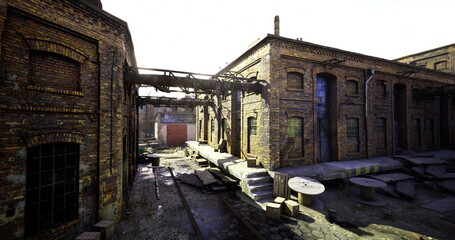 In the early morning light, an old factory complex stands silent, showcasing its weathered brick walls, rusted pipes, and scattered debris. © icetray