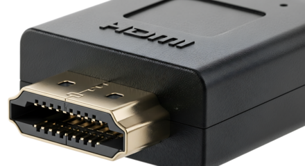 Close up shot of a black hdmi connector with gold plated pins for high definition video and audio