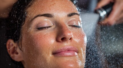 Woman Enjoying Refreshing Hydrotherapy Skincare Treatment at Spa
