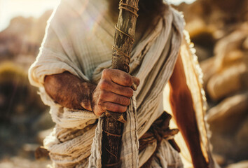 Close-up of Jesus' hand holding a wooden staff while wearing a robe in a sunlit desert