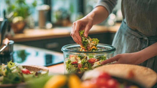 Woman Disposing Uneaten Salad in Kitchen, Highlighting Food Waste - Powered by Adobe