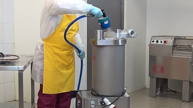 A kitchen worker in a white coat and yellow apron uses a blue hose to wash down the industrial meat processing equipment. He is wearing protective gloves in a commercial kitchen.