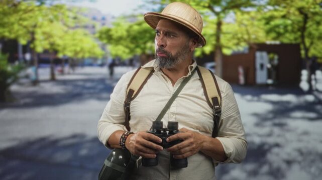 Man holding binoculars and wearing pith helmet and backpack in sunlit street plaza, pursed lips expression; curiosity travel exploration.