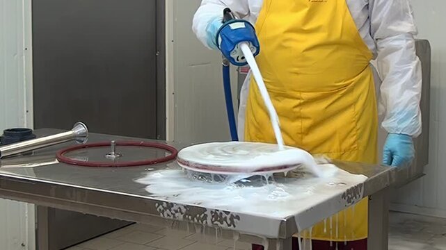 In a Food Industry factory, a worker wearing protective gear uses a high pressure nozzle to spray foam on stainless steel parts. The cleaning process takes place on a stainless steel table.