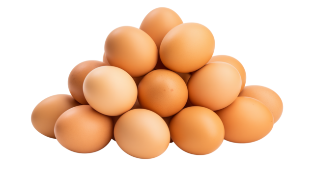 A pile of brown chicken eggs stacked together on a black background in a triangular arrangement
