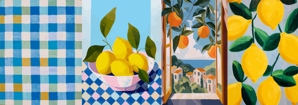 Mediterranean Citrus Collage. Vibrant collage featuring lemons, oranges, and a seaside view. A taste of the Mediterranean.	
