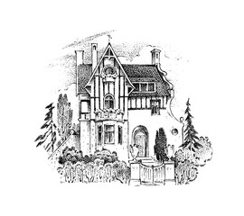 Scandinavian architecture, German style, half-timbered houses, 18th century. Timber framing. Vector landscape Ink sketch of the street. Hand drawn vintage illustration for book. Medieval European town