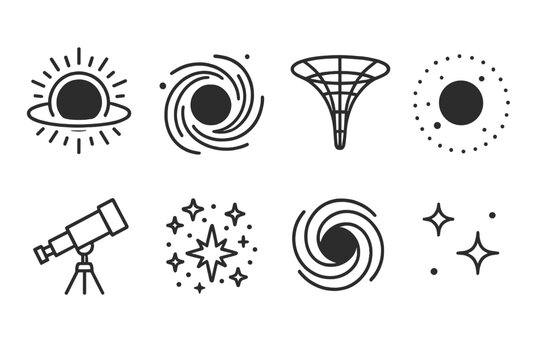 Black Hole Icons. Line style icons of Black Hole: Event Horizon Glow, Accreting Matter, Gravity Well, Cosmic Shadow, Telescope
