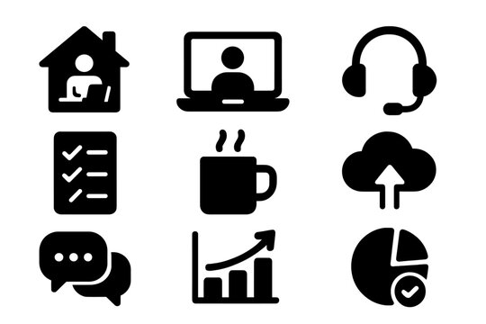 Remote Work Essentials. Solid style icons of Remote Work: home office, laptop screen, headset, task list, coffee mug, cloud drive,