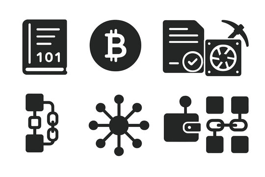 Blockchain Icons Collection. Solid style icons of Blockchain: digital ledger, crypto coin, smart contract, mining rig, hash chain,