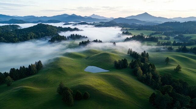 Foggy mountain landscape with a lake in the middle. The sky is cloudy and the mountains are covered in mist