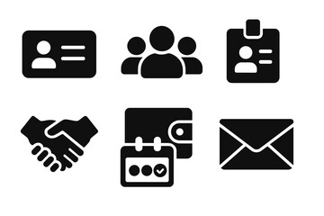Food Co-op Icons. Solid style icons of food co-op membership: membership card, group of people, ID badge, handshake, wallet,