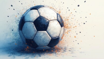 Naklejka premium Soccer ball art splinters into pieces. Dynamic splash effect shows particles in motion. Abstract sports theme illustration with watercolor and sketch textures. Energetic game concept.