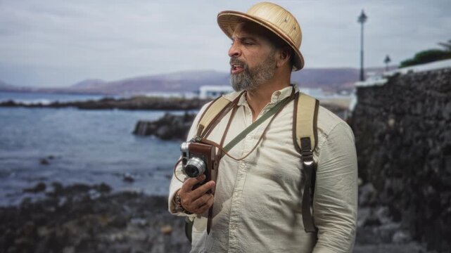 Man holding vintage camera and gesturing with hand on seaside street wearing pith helmet and backpack; adventure curiosity.