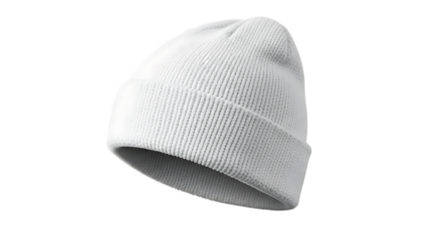 A close up studio shot of a white knitted beanie hat isolated on a black background space for text
