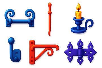 Modern Blacksmith Icons. 3D icon set of blacksmith creations: wrought iron handle, fire poker, candle holder, coat hook, forged