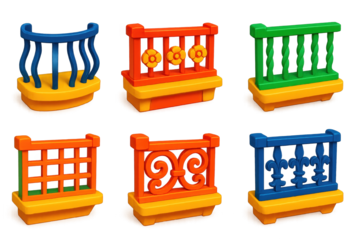 Vibrant Balcony Icons. 3D icon set of balcony and railing designs: curved iron railing, balcony with rosettes, twisted spindle