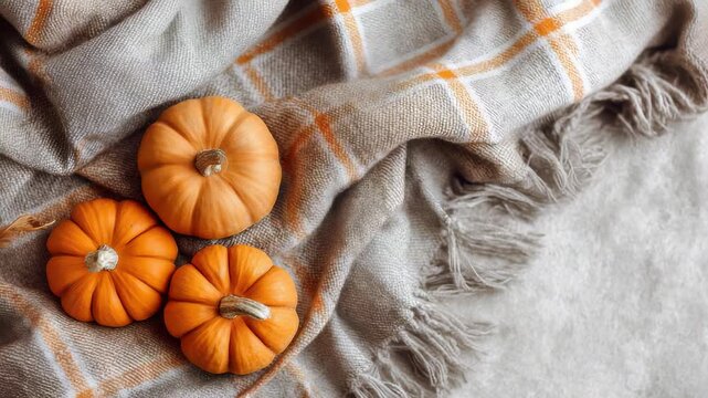 Three small orange pumpkins rest on a cozy plaid blanket with fringe, creating a warm autumnal atmosphere. Perfect for seasonal, Thanksgiving, or harvest themed designs and backgrounds
