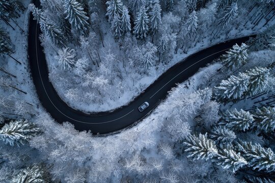 A winding road snakes through a snowy forest, a vehicle navigating the winter landscape.
