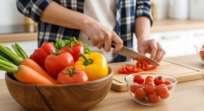 Person chopping fresh vegetables on a cutting board in a kitchen - Powered by Adobe