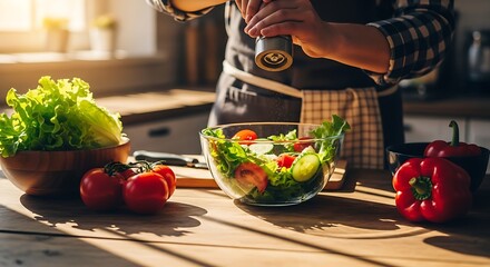 Person preparing fresh salad with vegetables in a sunlit kitchen