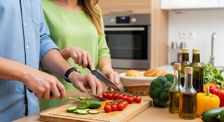 Couple preparing healthy fresh vegetables for a delicious meal together in the kitchen