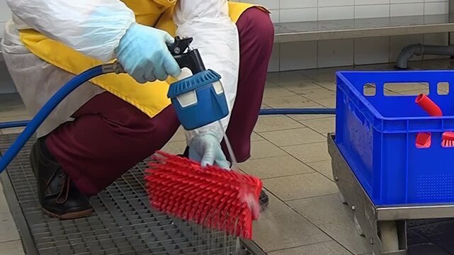 At an industrial facility, a worker in protective gear cleans a large red brush using a spray nozzle and hose. The brush is rinsed and then put in a blue plastic container.