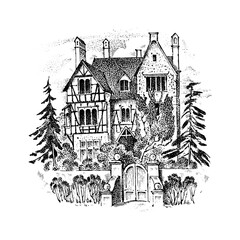 Scandinavian architecture, German style, half-timbered houses, 18th century. Timber framing. Vector landscape Ink sketch of the street. Hand drawn vintage illustration for book. Medieval European town