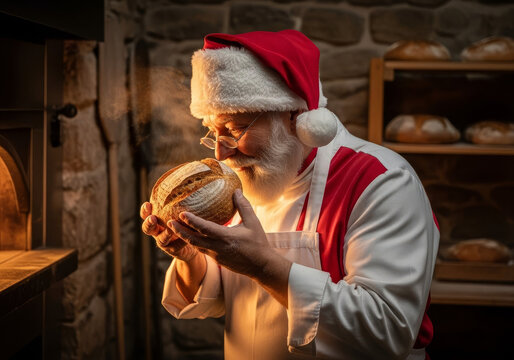 Santa Claus as a Baker Smelling Freshly Baked Artisan Bread