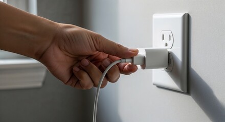 Hand plugging charger into electric outlet on wall indoors  