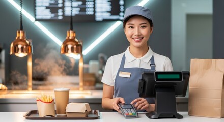 Asian female young cashier in fast food restaurant with order and card reader