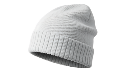 A simple white knit beanie hat with a ribbed brim isolated against a black background for product display