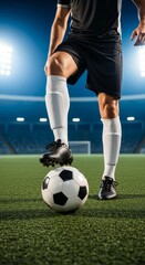 Fototapeta premium Young caucasian male soccer player balancing ball on field under stadium lights