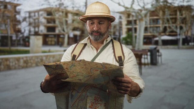 Man holding map with bare hands and backpack on street, wearing pith helmet and looking puzzled; travel curiosity confusion.
