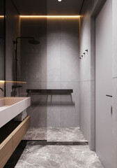 Contemporary bathroom with glass shower, wooden vanity, and soft ambient lighting.