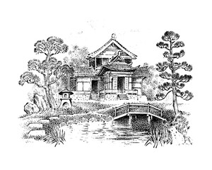 Japanese house with pond and garden. Asian architecture. Timber framing. Vector landscape. Ink sketch of the street. Hand drawn vintage illustration for book, emblem or print. Medieval town