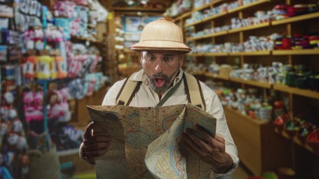 Man wearing explorer hat and backpack holds a map with mouth open in surprise inside a shop building; surprise discovery.