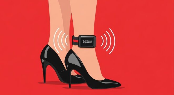 Electronic monitoring ankle bracelet on female leg with high heel shoes