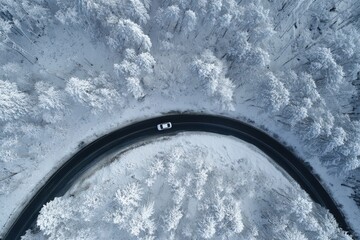 High-angle view of a winding road through a snowy forest. A solitary white car travels along the road, emphasizing the winter landscape's serenity.