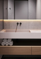 Close-up of modern bathroom vanity with built-in sink, storage, and under-cabinet lighting.