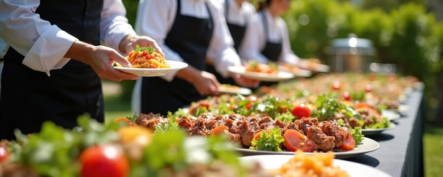Catering staff prepares food for an outdoor event. Chefs serve dishes on long table at fancy party. Food presentation showcases upscale dining experience at luxurious reception.