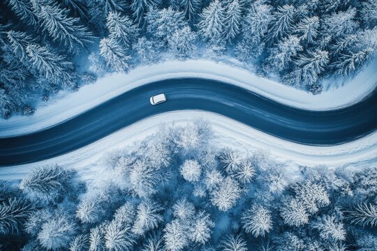 High-angle view of a winding road through a snowy forest, showcasing a solitary white car navigating the winter landscape. - Powered by Adobe