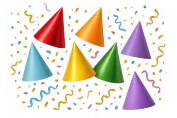 Colorful party hats and falling confetti, streamers celebrating a festive birthday or holiday event on transparent background